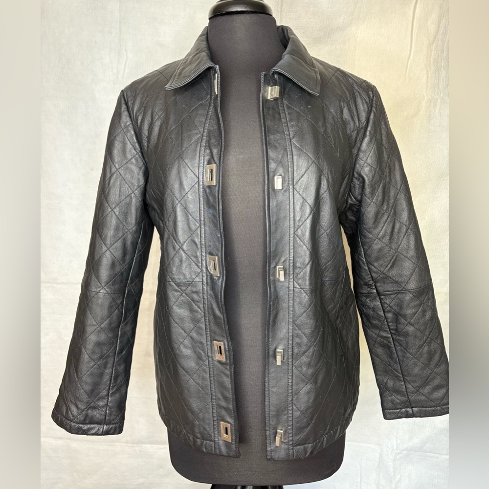 Dialogue Black Quilted Genuine Leather Jacket – Size Small